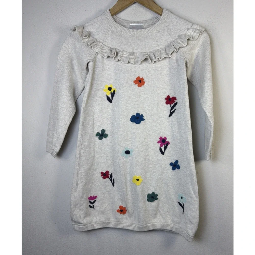 Hanna Andersson 120 Long Sleeve Ruffle Yoke Sweater Dress 6 7 floral cottagecore